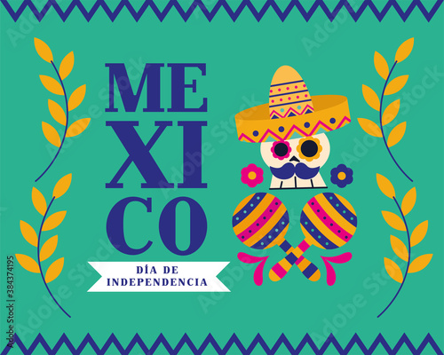 Mexico dia de la independencia skull with hat and maracas vector design