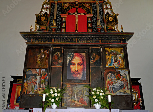 interior of the Catholic church of Our Lady of Victory built at the end of the 14th century in the Gothic style in the town of Łabędnik in Warmia and Masuria in Poland September 2020 photo