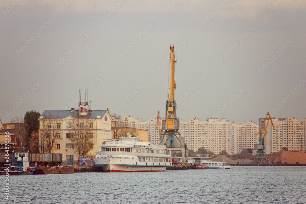 Crane and motor ship in the southern port of Moscow