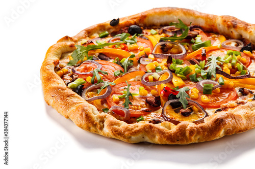 Pizza with ham, mozzarella, champignon and corn on white background 