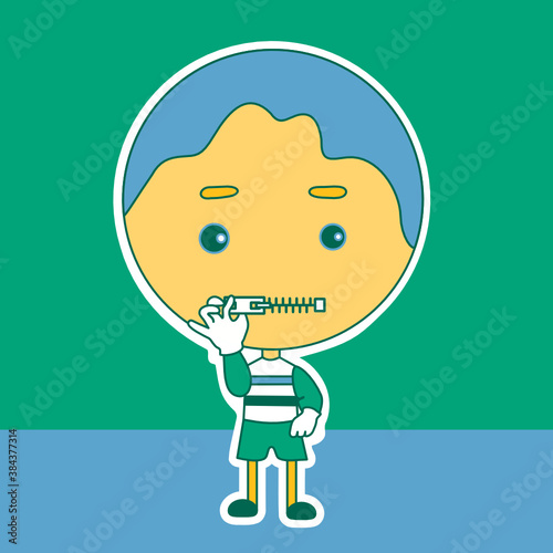 boy keeps his mouth shut by closing the zipper with his hand, funny cartoon character with simplistic facial expression, emoticon color vector