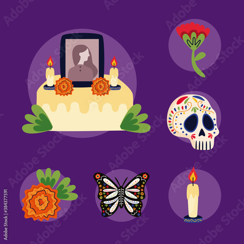 mexican altar of day of the dead with set flat style icons