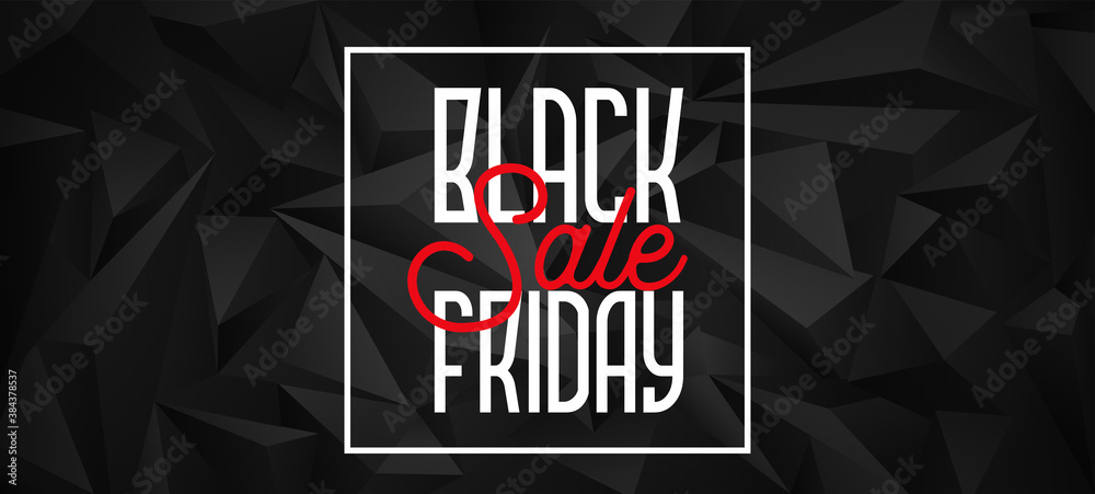 black friday card or banner in white in a white square with red sales on a black background