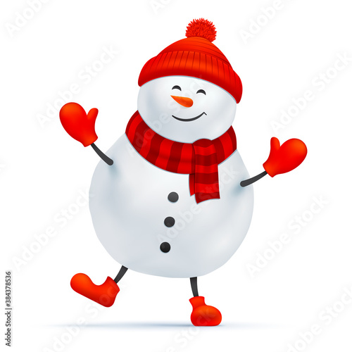 Happy snowman vector illustration. Standing and smiling Santa Claus with a red beanie hat, scarf, gloves, and shoes isolated on a white background. Christmas, or New Year holidays design decoration.