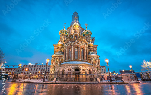 Church of Savior on Spilled Blood in Saint Petersburg, Russia at night. Resurrection of Christ cathedral and Griboedov Canal at frosty snow winter morning day