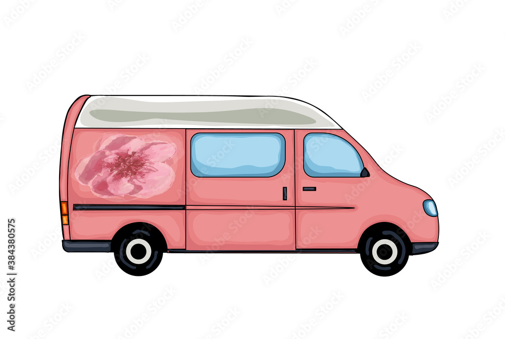Pink van with picture of pink spring flower. Isolated on white background. Illustration. 