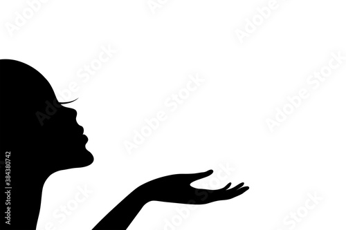 Black woman silhouette in the corner. Head, hand. Copy space. Abstract illustration.