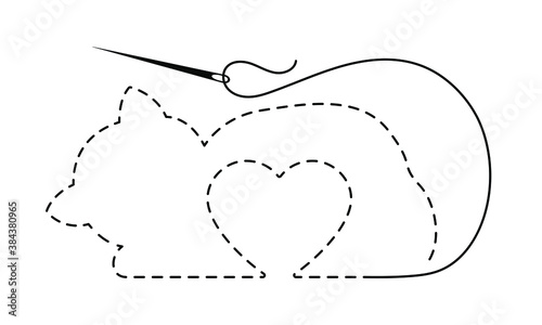 Silhouette of sleeping cat and heart with interrupted contour. Vector illustration of handmade work with embroidery thread and needle on white background. 