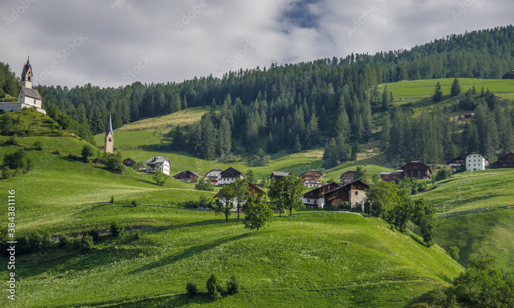 La Val village and its surrounding churches, Alta Badia, Dolomites, South Tirol, Italy. La Val village and its surrounding churches, Alta Badia, Dolomites, South Tirol, Italy.