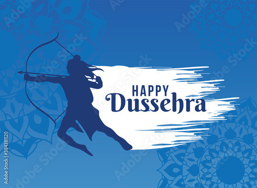 Happy dussehra and lord ram with bow and blue silhouette vector design