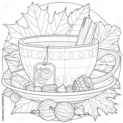 A cup of tea with berries, sweets and cinnamon. Autumn illustration.Coloring book antistress for children and adults. Illustration isolated on white background.Zen-tangle style.
