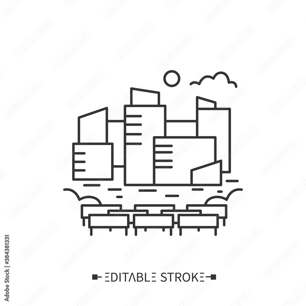 Urban farming line icon. Agriculture, farm in the city. Seedling containers, seedbeds. Urban gardening, agriculture. Eco city concept. Earth day. Isolated vector illustration. Editable stroke 