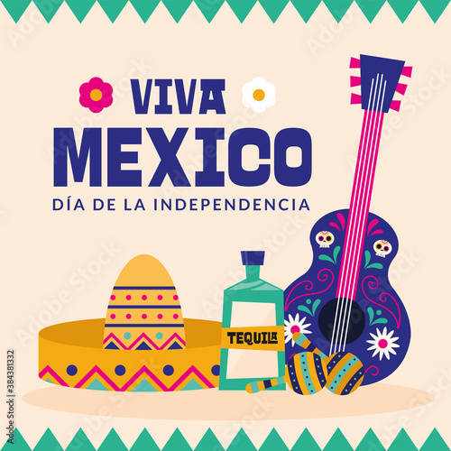 Viva mexico dia de la independencia with hat tequila and guitar vector design