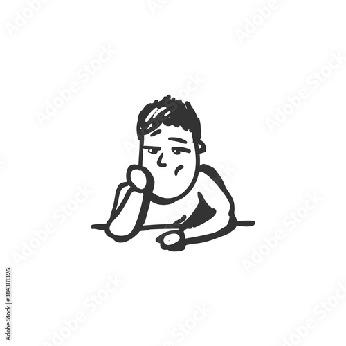 Boredom feeling icon. Bored man. Outline sketch drawing. Human emotions and feelings concept. Despondence, apathy or dejection expression. Isolated vector illustration