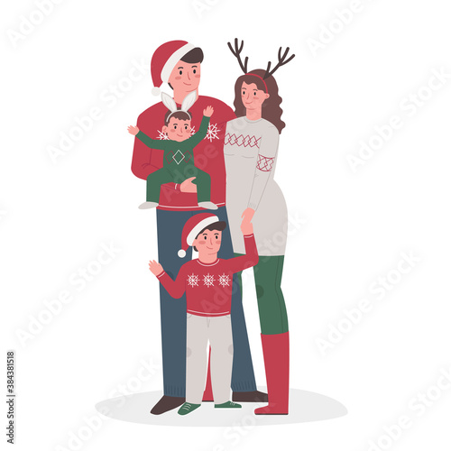 Happy family with children in Christmas costumes. Merry christmas and Happy new year. Vector flat cartoon illustration