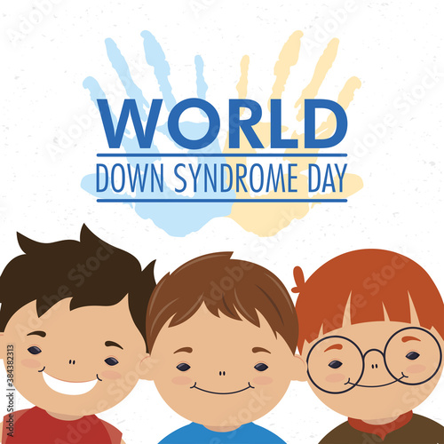 world down syndrome day lettering with hands print paint and boys group
