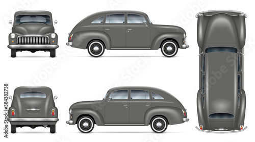 Retro car vector mockup on white background. Isolated grey auto view from side, front, back, top. All elements in the groups on separate layers for easy editing and recolor.