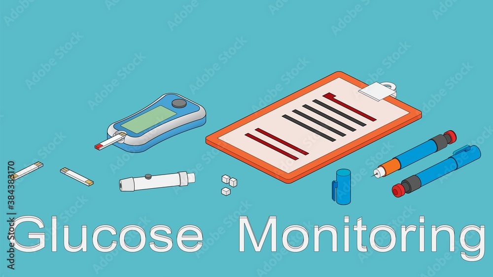 Diabetes management and glucose monitoring set. Isometric illustration of glucometer, insulin pen, test strips and patient ID card insurance.