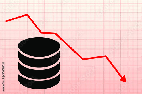 The chart is composed of coins symbolizing the fall in profits, salaries, social benefits. the red arrow points down on the screen. Vector illustration