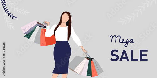 Big sale with woman for website banner or poster sale. Pastel color, vector illustration.  Vector flat female character after successful shopping holding paper bag with purchases.  