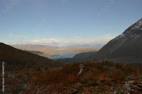 Hiking in the French Valley in a snowy autumn weather in Torres Del Paine in Patagonia, Chile