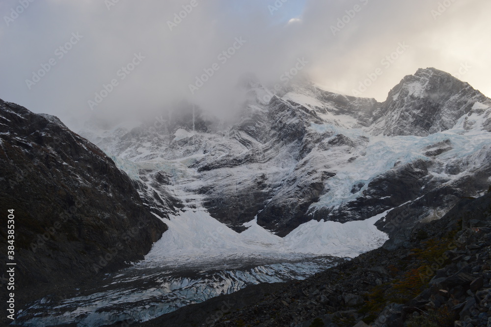 Obraz premium Hiking over glaciers and mountains on the hanging bridges in Torres del Paine National Park in Patagonia, Chile