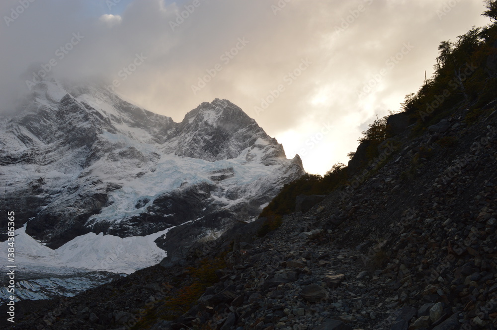 Hiking over glaciers and mountains on the hanging bridges in Torres del Paine National Park in Patagonia, Chile