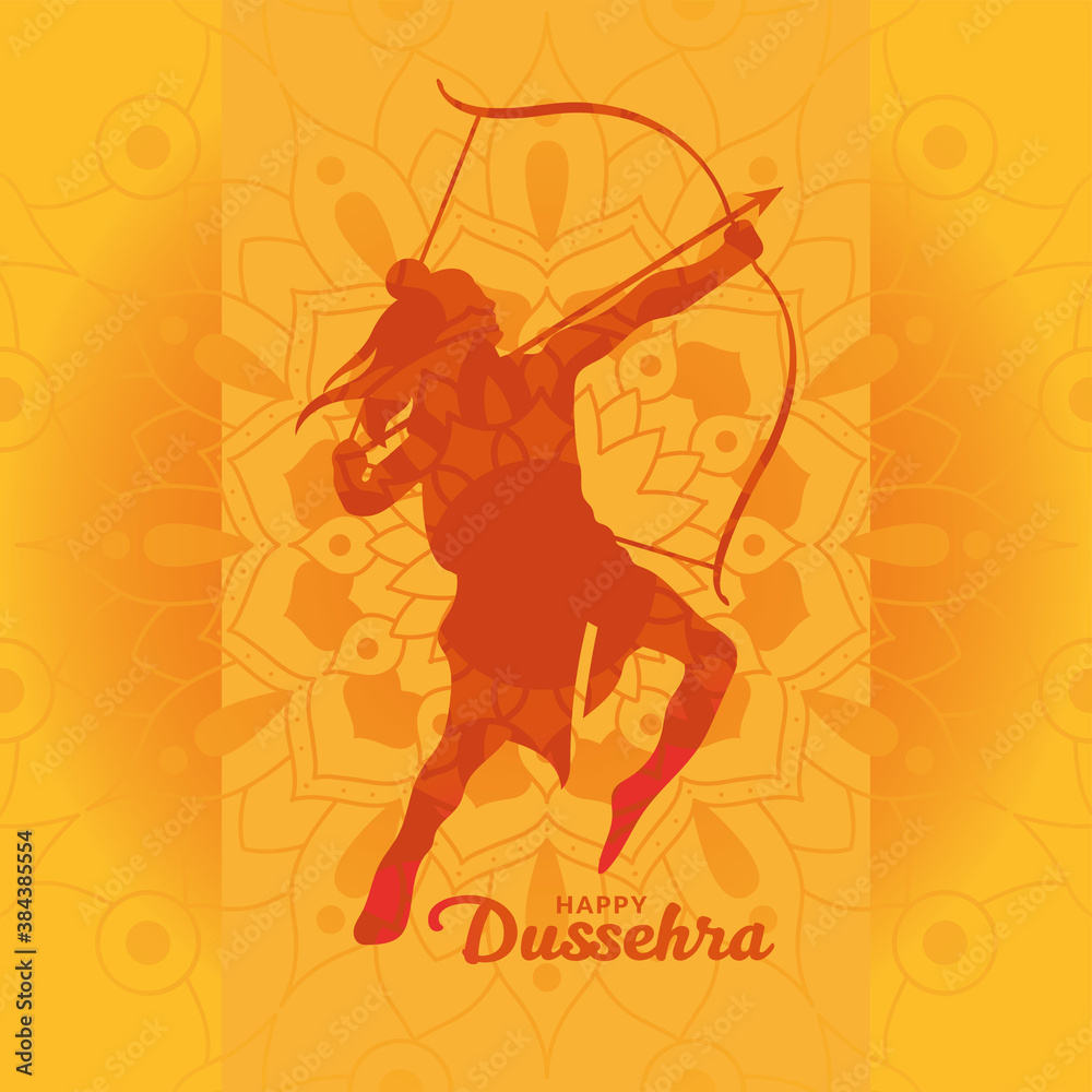 Happy dussehra and lord ram with bow and arrow orange silhouette vector design