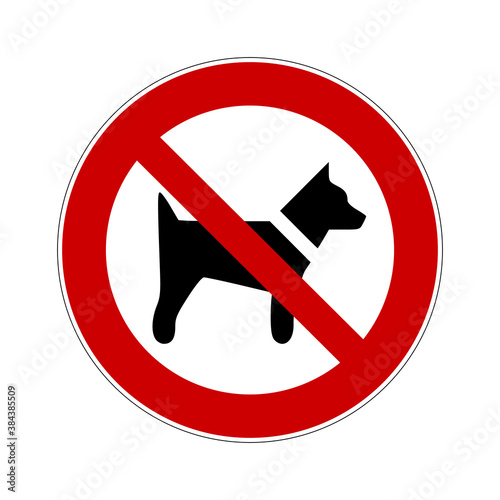 No dogs sign. Vector illustration of red crossed out circular sign with dog icon inside. No dogs allowed symbol. Dogs are prohibited. No entry for animals. ISO 7010 P021.
