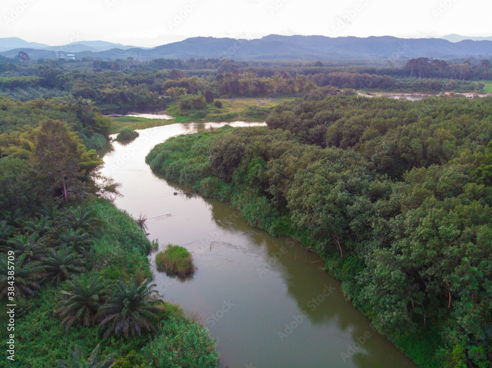 River curve with tropical rain forest aerial view