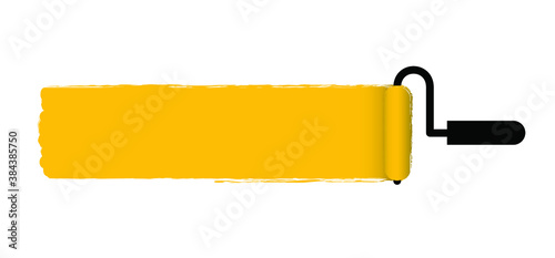 Yellow. Painted the wall and paint roller. Paintbrush sign. Brush stroke background. Color trail of paint texture. Flat vector cartoon sign. For home, interior renovation. Painting, Rollers tool icon.