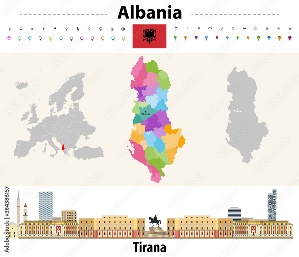 Albania administrative divisions map. Flag of Albania. Tirana cityscape. Vector illustration