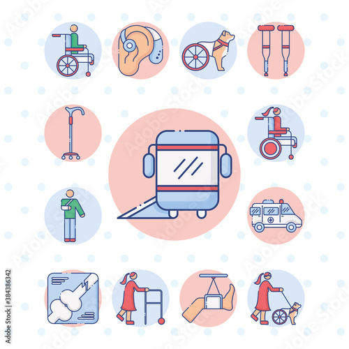 bus stop with ramp and bundle of disabilities set icons