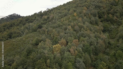 Aerial Fall Forest Backwards and Scenery shot. Asturias, Spain.