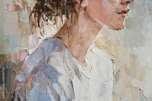 Fototapeta Naklejka Na Ścianę i Meble -  Oil painting on canvas. An expressive fragment of the female body. A delicate palette predominantly in white colors emphasizes the fragility and beauty of the model.