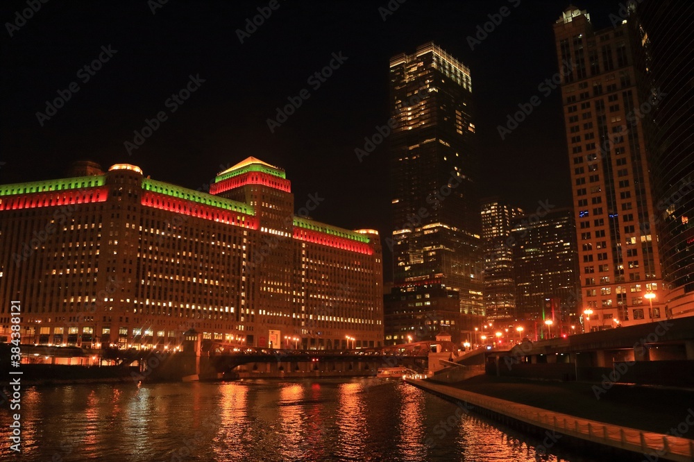 Chicago night life. Chicago illuminated skyline view at night, United States