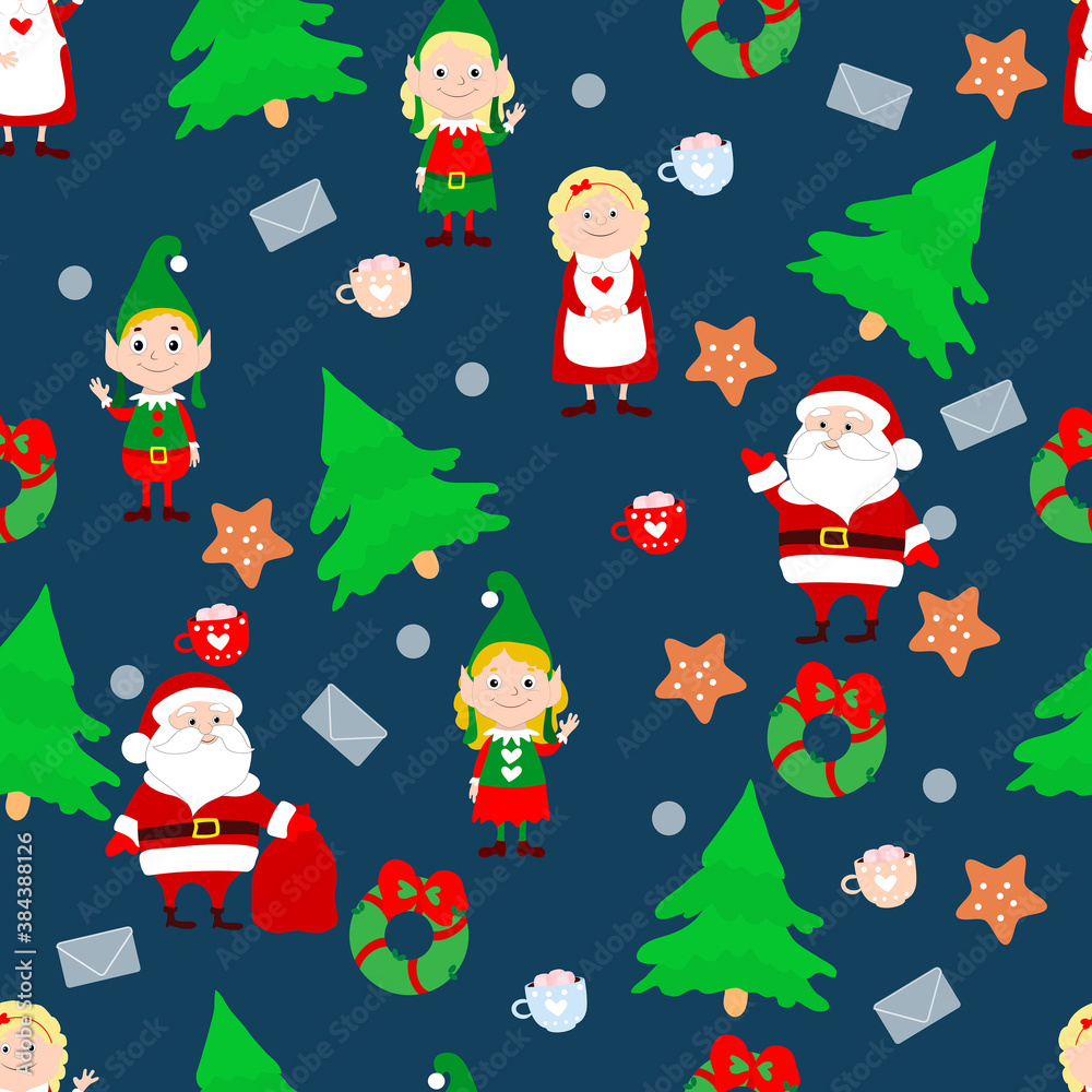 Christmas seamless pattern Santa Claus and Mrs Santa Claus, funny elves in green costumes, letter, Christmas trees, gingerbread on a dark blue background.
