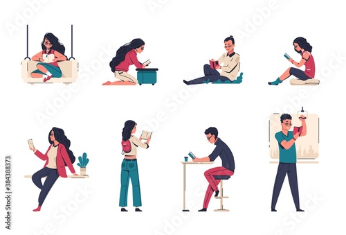 People read books. Study, knowledge and home education, cartoon students at library preparing to exams. Vector image collection reading girls and boys how to study and education