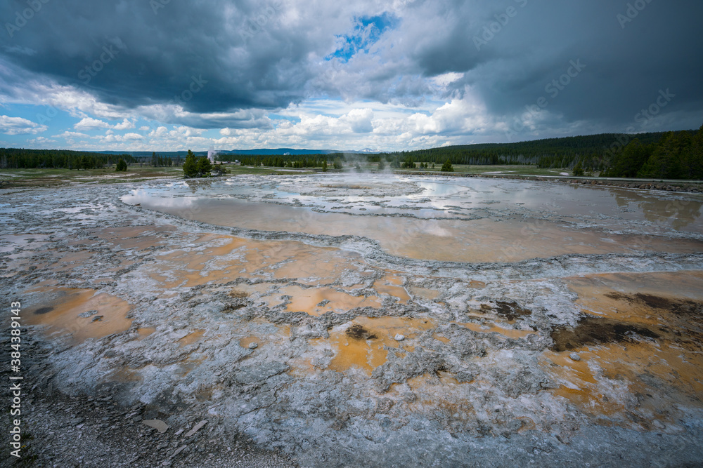 hydrothermal area of great fountain geyser in yellowstone national park, wyoming in the usa