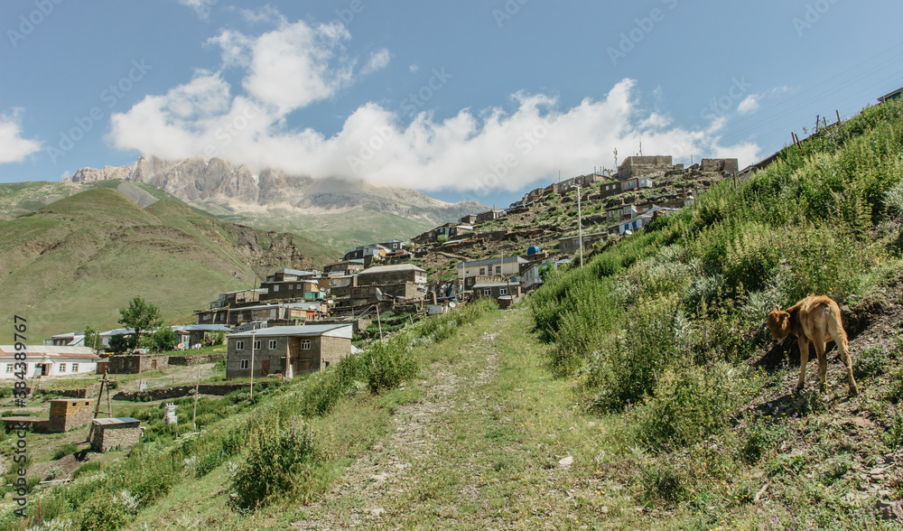 Khinaliq, an ancient Caucasian village located high up in the mountains of Quba Rayon, Azerbaijan. It is the most remote and isolated village in Azerbaijan. Wild natural scenery.Adventure concept.