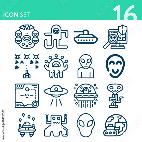 Simple set of 16 icons related to invasion