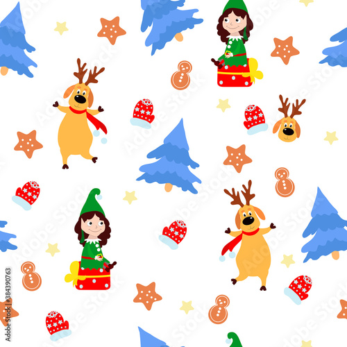 Christmas seamless pattern, dancing deer, elves with gifts, blue Christmas trees, red mittens, gingerbread on a white background. Image for packaging, textiles, wallpaper.