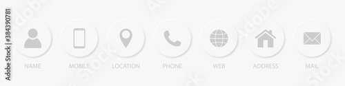 Contact us signs. Location and contact icons. Simple symbols. White color buttons. Neomorphism design. Vector illustration EPS 10