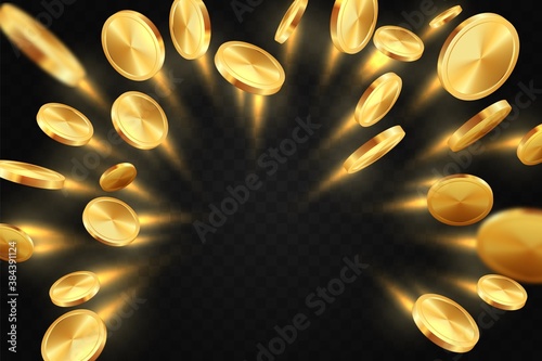 Golden flying coins. 3D shiny money rain. Casino fortune symbol, realistic monetary blank gold template. Approaching cash flow on black background. Vector financial or lottery success illustration