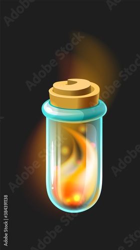 Magic elixir. Alchemist substance in closed tube, cartoon chemical laboratory equipment. Fantasy computer game alchemy ingredients, pharmacy bottle for medicine or poison. Vector witchcraft beverage