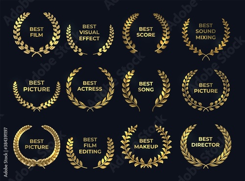Golden laurel or palm wreath. Realistic cinema awards, leaf shapes winner prize. Isolated gold branches and nomination text. Film, directing, music nominate at tradition ceremony. Vector premium set