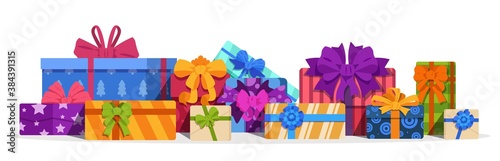 Gift boxes. Christmas present and birthday gift with decorative bows, ribbons. Bright colors volume square cardboard packaging, festival surprises template. Vector pile of New Year and holiday gifts