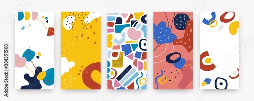 Doodle abstract cover. Modern geometric appliques collection, hand drawn graphic shapes and trendy symbols. Round and square forms, drops, blobs and outlines composition. Vector decorative posters set