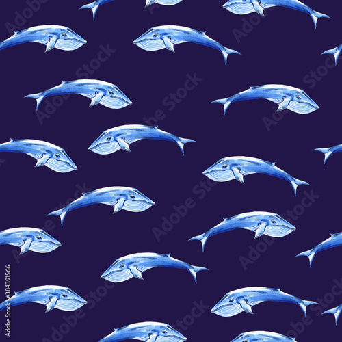 Blue whale watercolor raster seamless pattern. Animals underwater world raster. Marine background. Watercolor background
