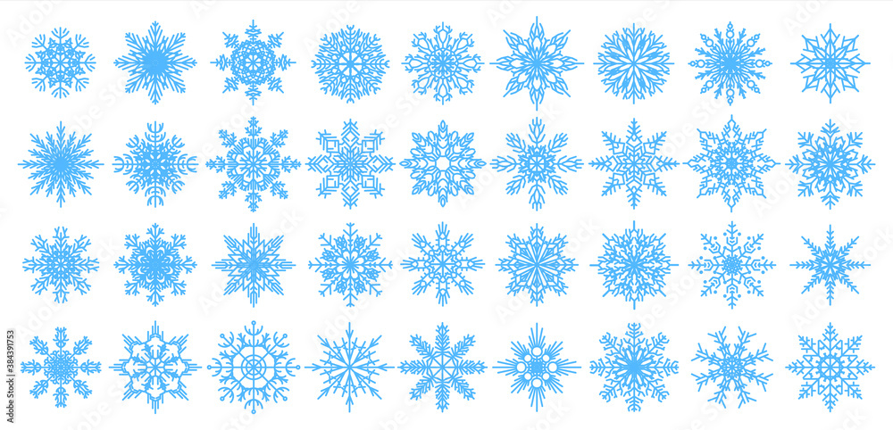 Blue snowflakes icons. Christmas and New Year decorative elements for banners, postcards and greetings. Winter flakes textile template or Xmas presents wrapping paper. Vector snow stars clip art set